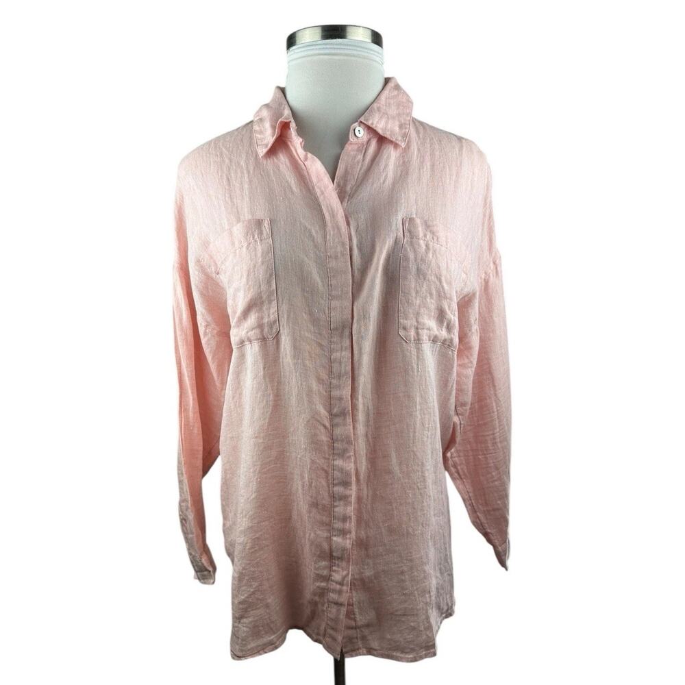 J. Jill Love Linen Button Up Tunic Top Double Pocket Pink XL Blouse Lagonlook - Picture 3 of 16